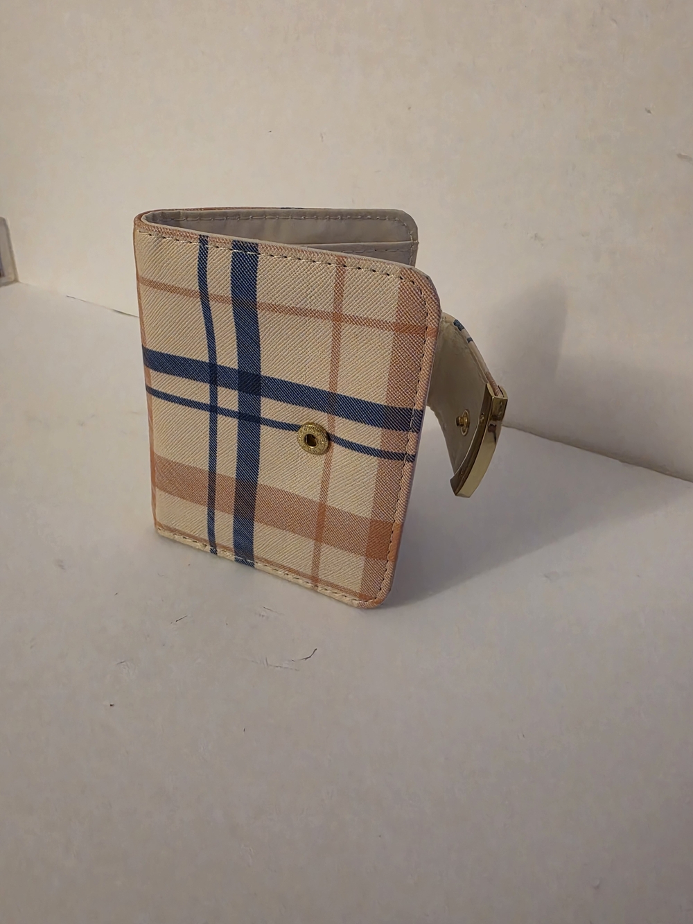Plaid Snap Wallet in Beige, Navy & Tan - Picture 3 of 9
